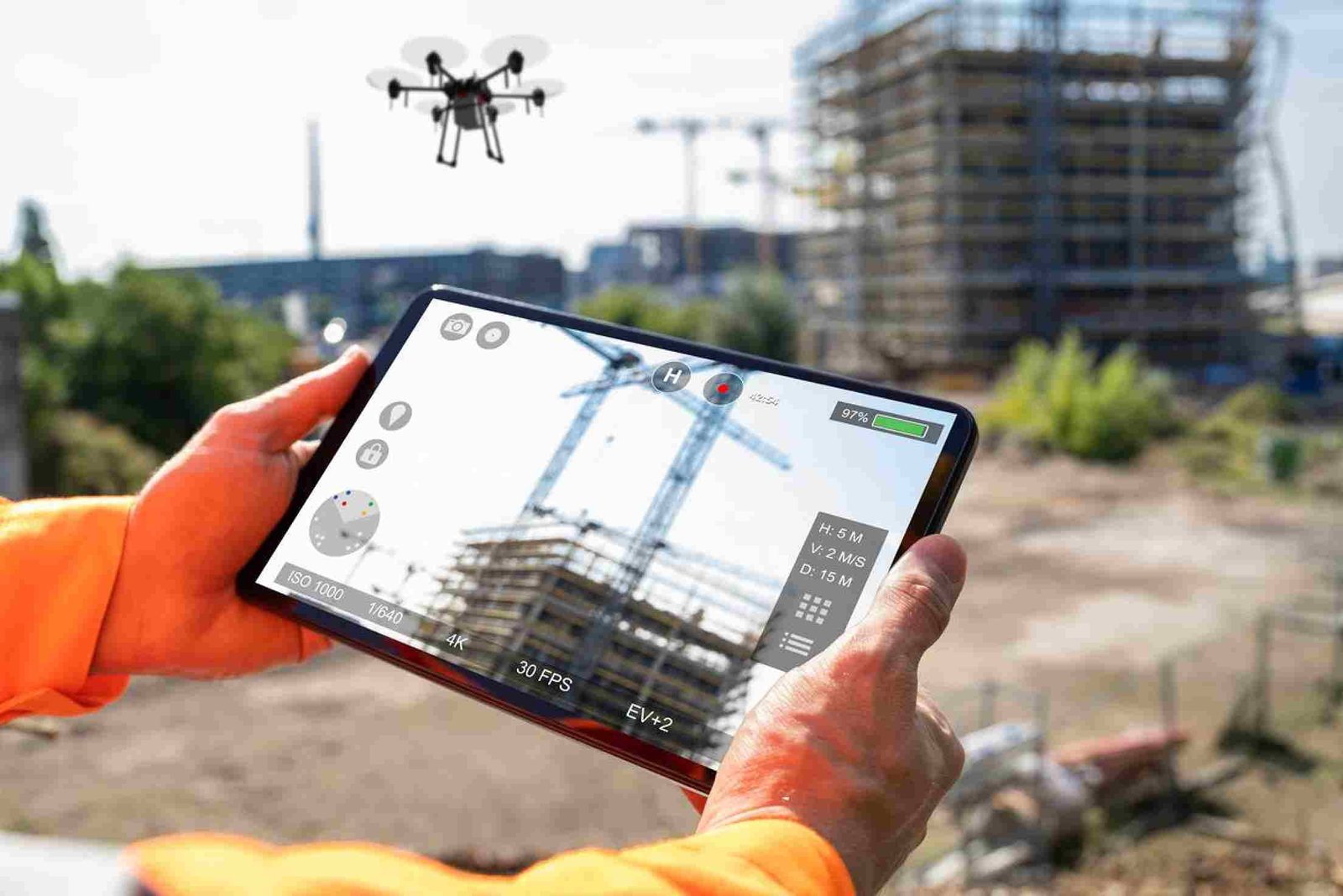 Aerial Surveillance Drone Digital Monitoring Technology on a construction site 