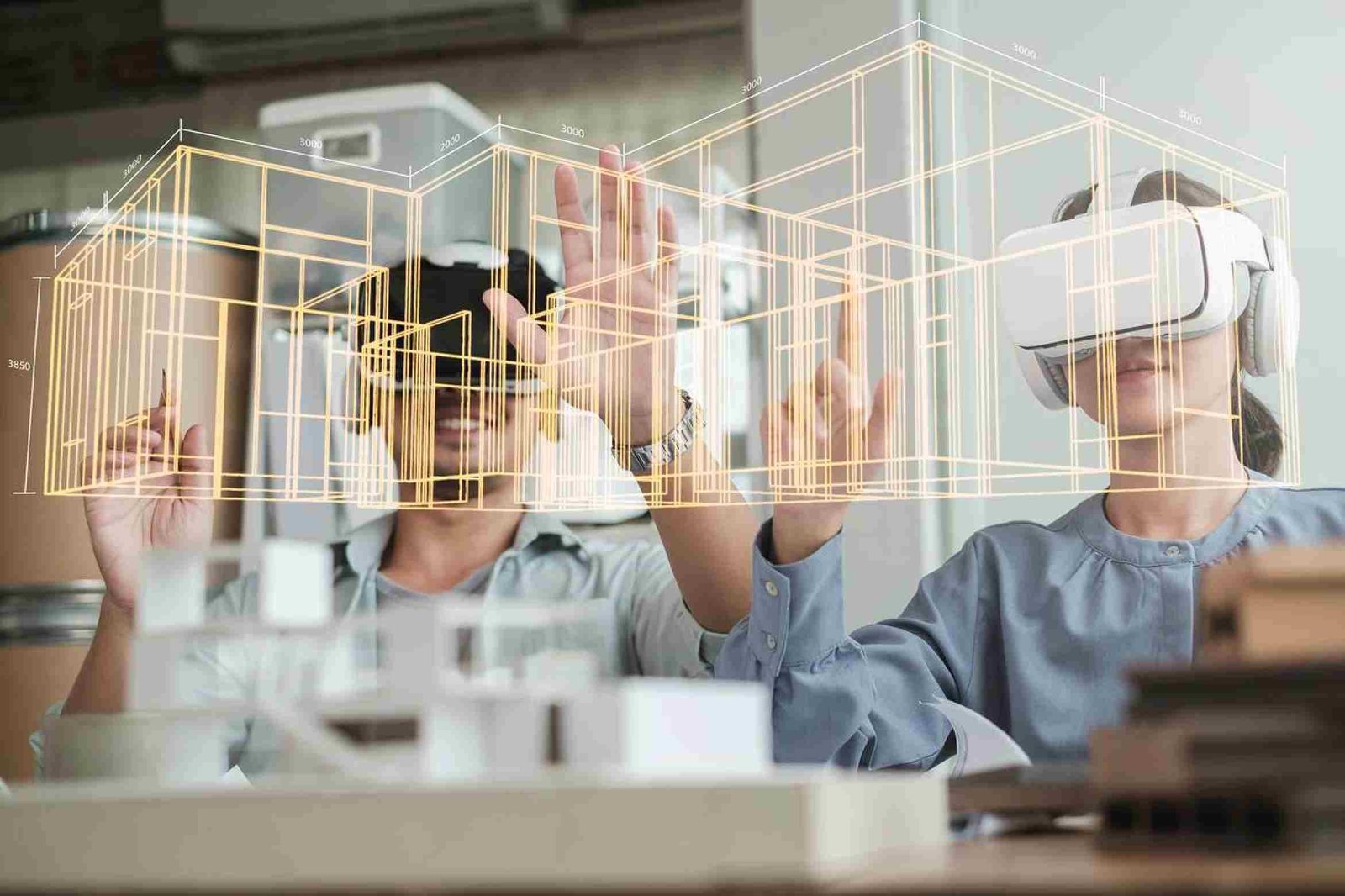 Technology futuristic virtual reality design. Team Architect or Engineer designer wearing VR headset for BIM technology working together design 3D model building in office